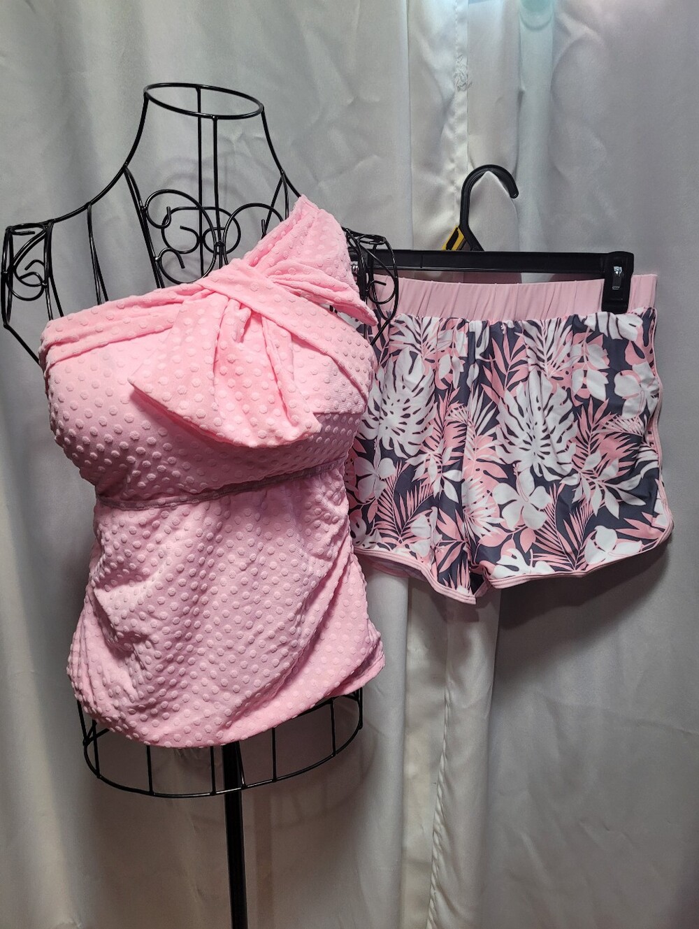 Pink Textured One-Shoulder Tankini Top and Floral Sleep Shorts Set